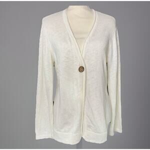 Vermont Country Store Womens MD Button White Marled Cotton Cardigan Long Sleeve